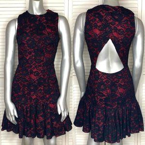 JILL Jill Stuart Red & Black Lace Overlay Sleeveless Cut-Out Ruffled Dress 2 XS